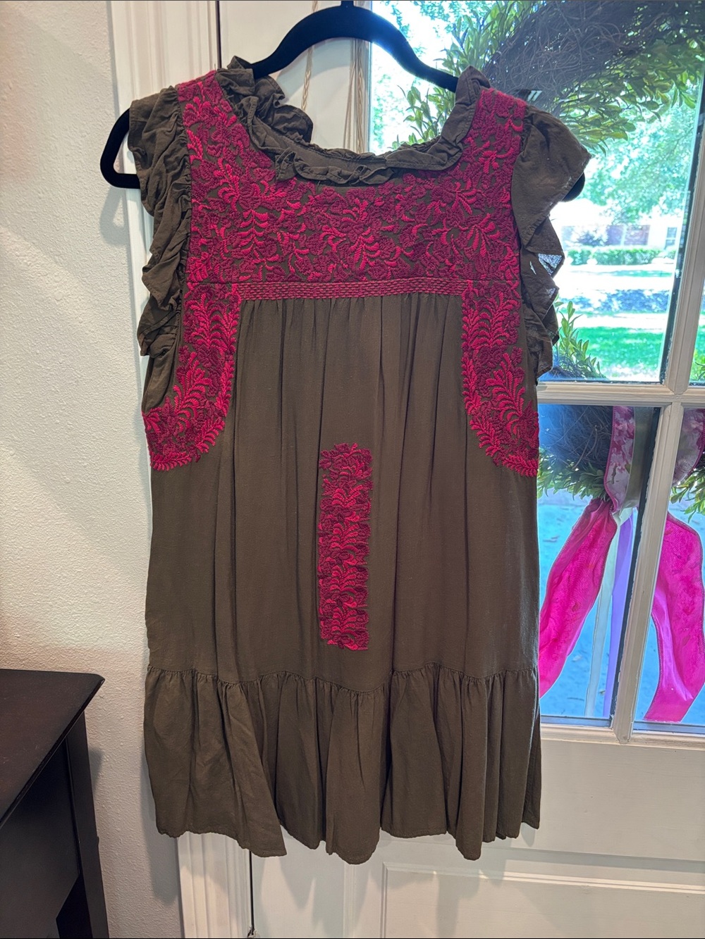 Olive Green Dress with Pink Embroidered Yoke